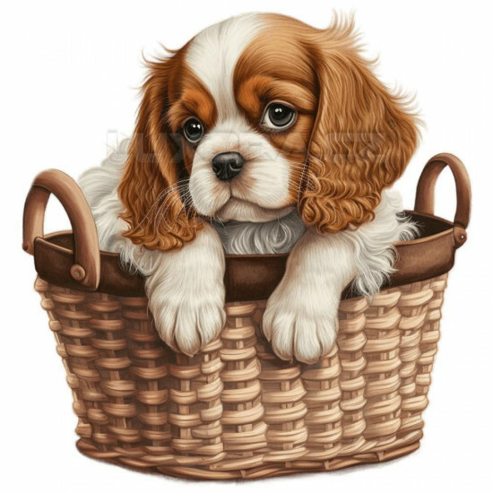 Nažehlovačka Kavalír king Charles španěl štěně v košíku - NAŽ218/hl